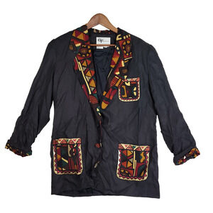 Vtg Gary Fabrikant Blazer 12 Womens 100% Silk Black Aztec Art To Wear Jacket